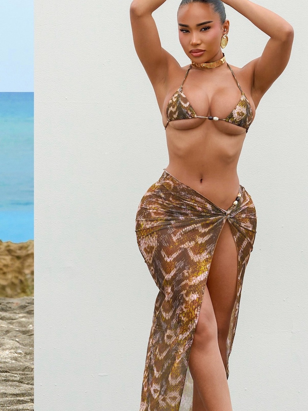 Brown Printed Triangle Bikini Top and Sarong Set